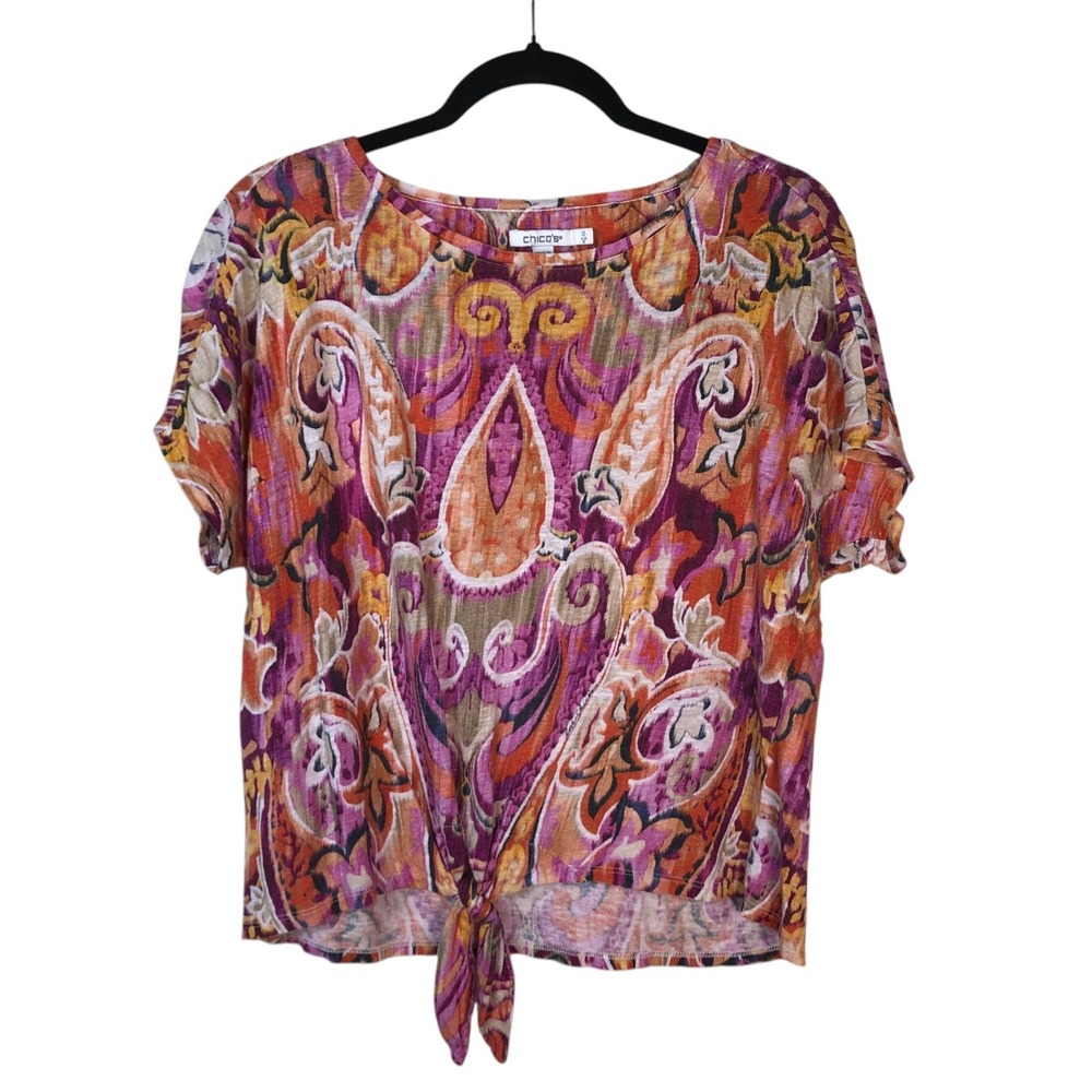 Chico's Womens 100% Linen Tie Front Paisley Abstract Top Size 0 US S Beach Artsy